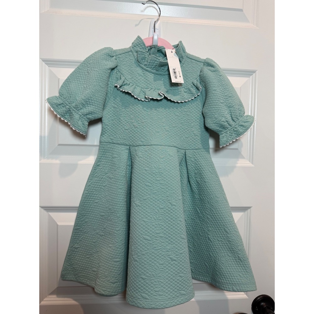 Janie and Jack Girls Seafoam Green Quilted Floral Lace Ruffle Dress Size 4 NWT
